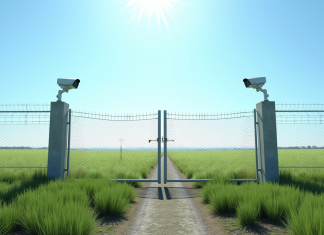Champ rural avec clôture moderne et caméra de surveillance