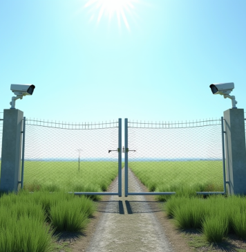 Champ rural avec clôture moderne et caméra de surveillance