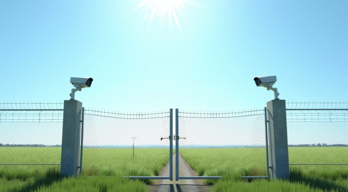Champ rural avec clôture moderne et caméra de surveillance