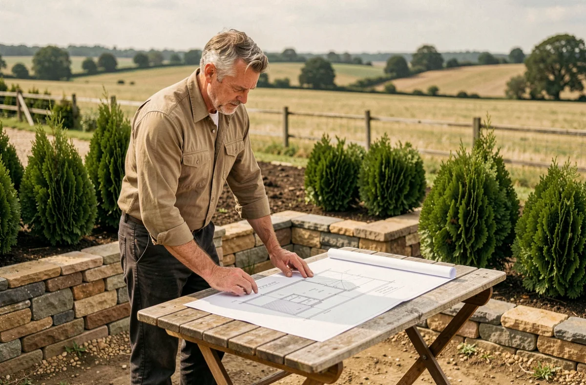 Paysagiste Champagne-Aménagements consultant des plans de jardin devant un chantier d'aménagement champenois