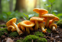 Chanterelles et girolles fraîchement cueillies sur sol forestier