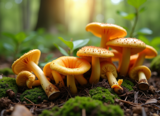 Chanterelles et girolles fraîchement cueillies sur sol forestier