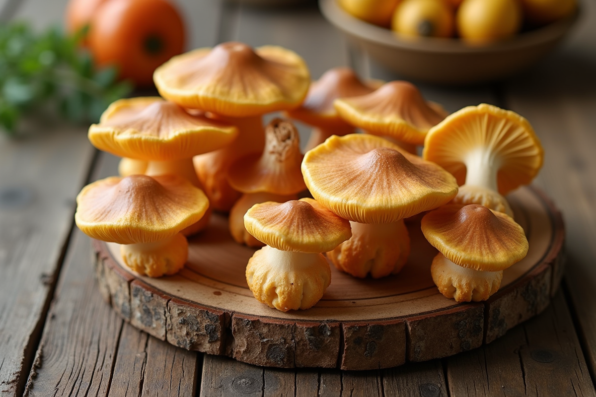 Champignons faux chanterelles sur table en bois