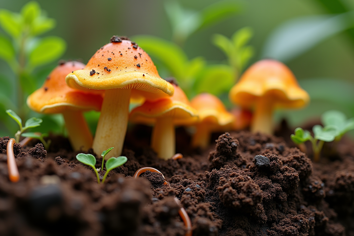 Germination de chanterelles et girolles dans un jardin