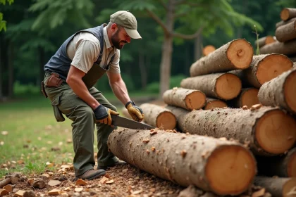 Homme d'âge moyen coupant du bois d'albizia avec une scie