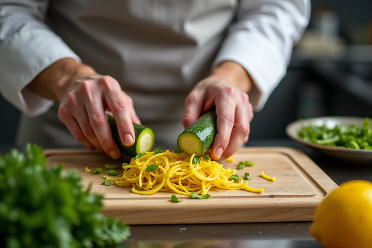 Chef battant délicatement des fleurs de zucchini dans une cuisine moderne