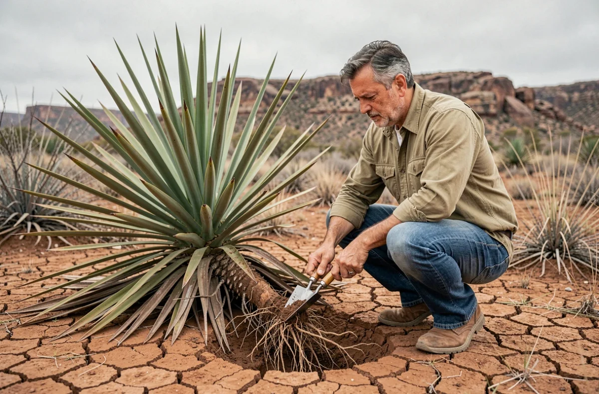 Chercheur agricole déterrant une racine de yucca dans un sol aride et craquelé en plein terrain naturel