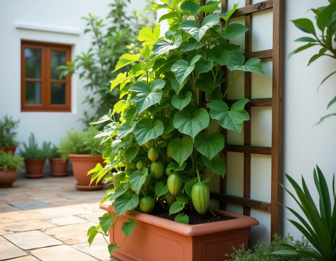 Plant de christophine en pleine croissance grimpant sur un treillis en bois dans un bac rectangulaire sur une terrasse en pierre