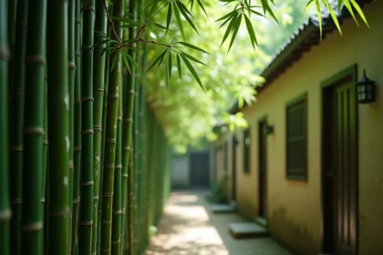 Clôture en bambou dense séparant deux jardins résidentiels avec végétation naturelle en arrière-plan