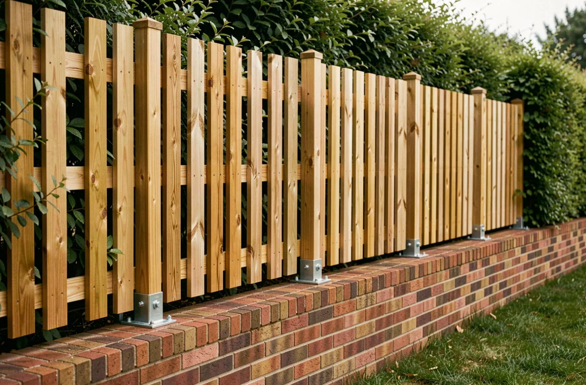Clôture en bois fixée sur muret en brique avec ancrages renforcés, résistant au vent dans un jardin résidentiel