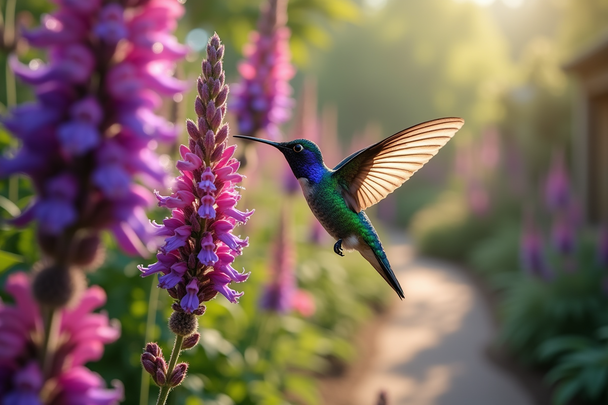 Colibri en vol près de fleurs de salvia violettes