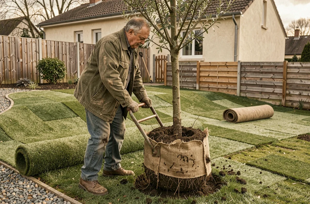 Olivier Collot transplantant un arbre ornemental dans un jardin résidentiel en pente avec gazon fraîchement posé
