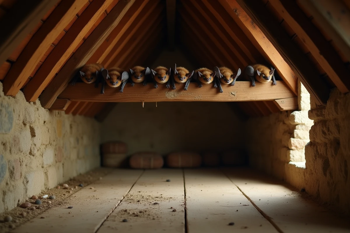 Colonie de chauves-souris de Loire accrochées à une poutre dans un grenier traditionnel français avec des crottes visibles sur le plancher en dessous