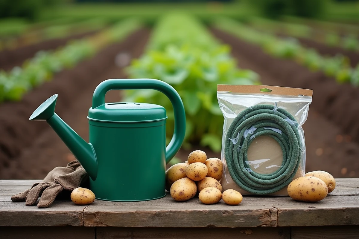 Comparaison entre un arrosoir et un kit de goutte-à-goutte posés près de pommes de terre à planter dans un jardin potager
