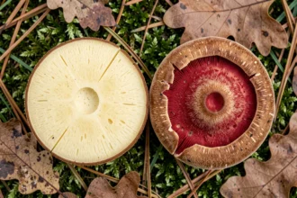 Comparaison côte à côte d'un bolet à chair jaune et d'un bolet rouge en forêt, montrant les différences de couleur des pores et de la chair en coupe