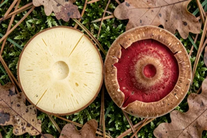 Comparaison côte à côte d'un bolet à chair jaune et d'un bolet rouge en forêt, montrant les différences de couleur des pores et de la chair en coupe