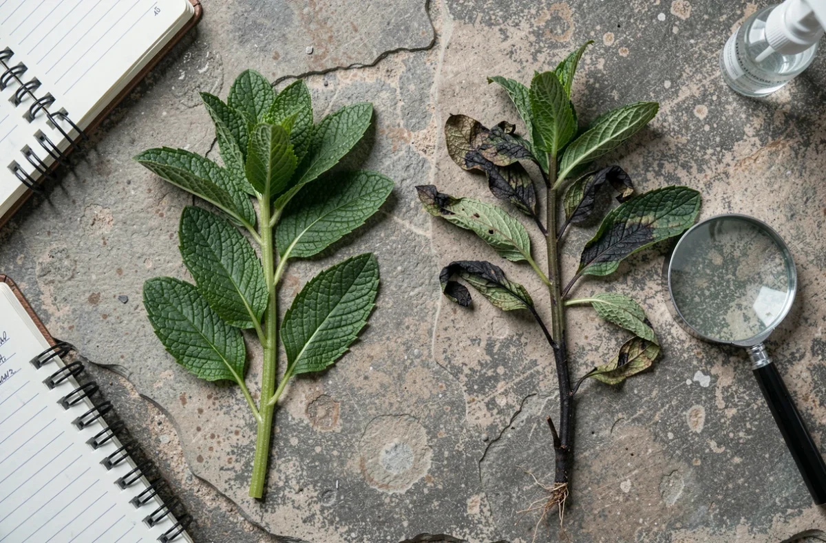 Comparaison de feuilles de menthe saines et noircies sur surface en pierre pour diagnostic