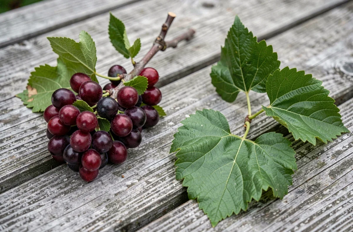 Comparaison de branches de mûrier platane fruitier et stérile posées sur une table en bois avec feuilles et fruits détaillés