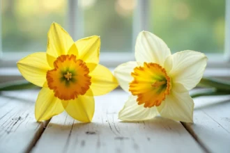 Comparaison côte à côte d'une jonquille à grande trompette et d'un narcisse à fleurs groupées sur bois blanc, vue de dessus