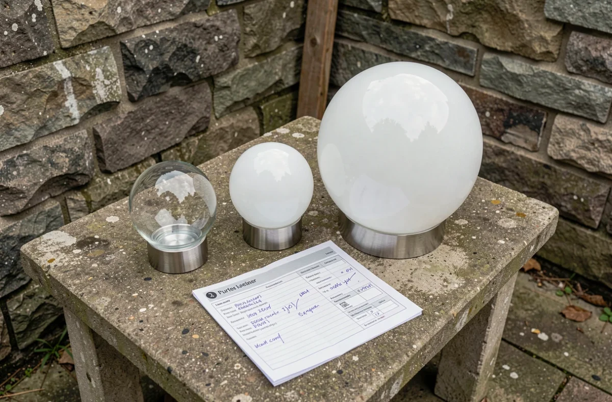 Comparatif de plusieurs boules d'éclairage extérieur de tailles et matériaux différents sur une table en béton brut