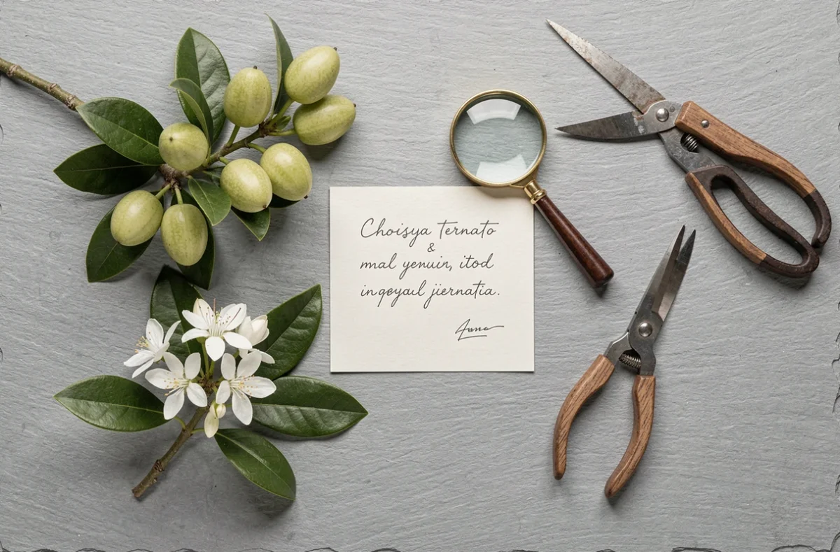 Composition à plat avec fruits, feuilles et fleurs blanches de l'Oranger du Mexique accompagnés d'outils d'identification botanique sur ardoise grise