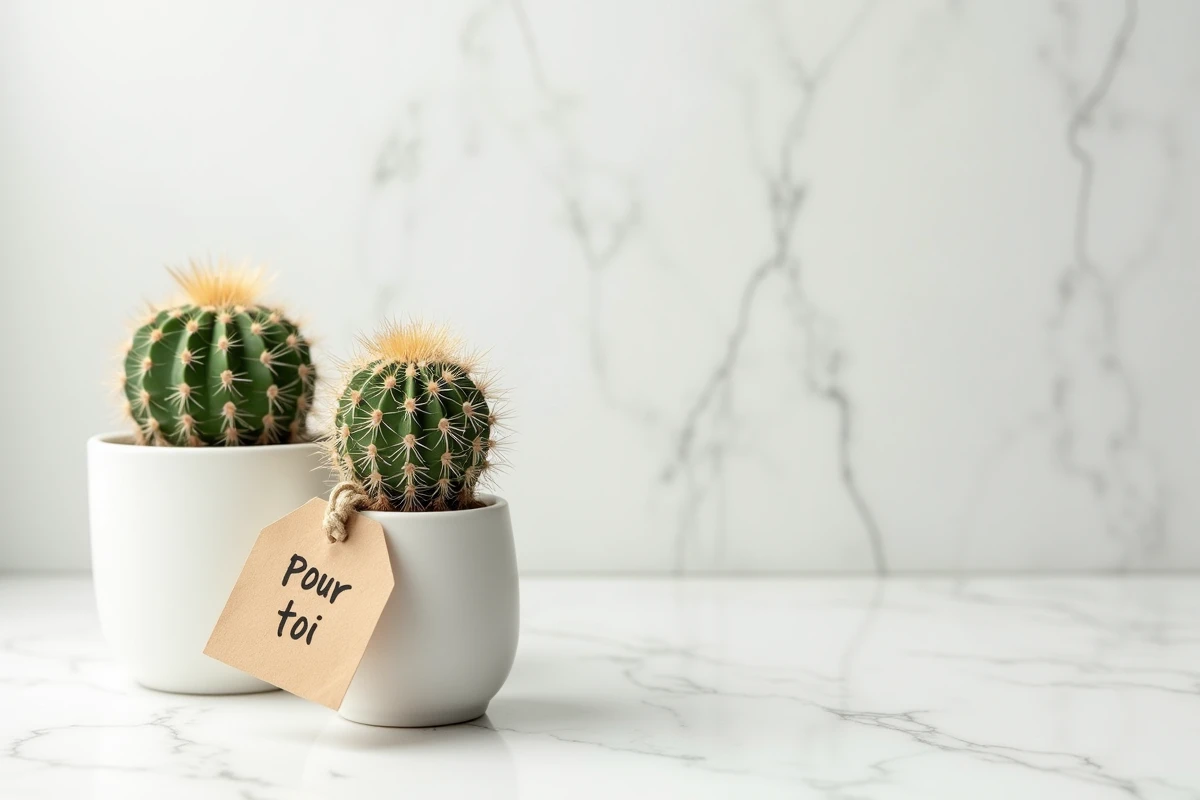 Composition de trois cactus en pots blancs avec une étiquette cadeau sur marbre, représentant la symbolique et la signification d'offrir un cactus