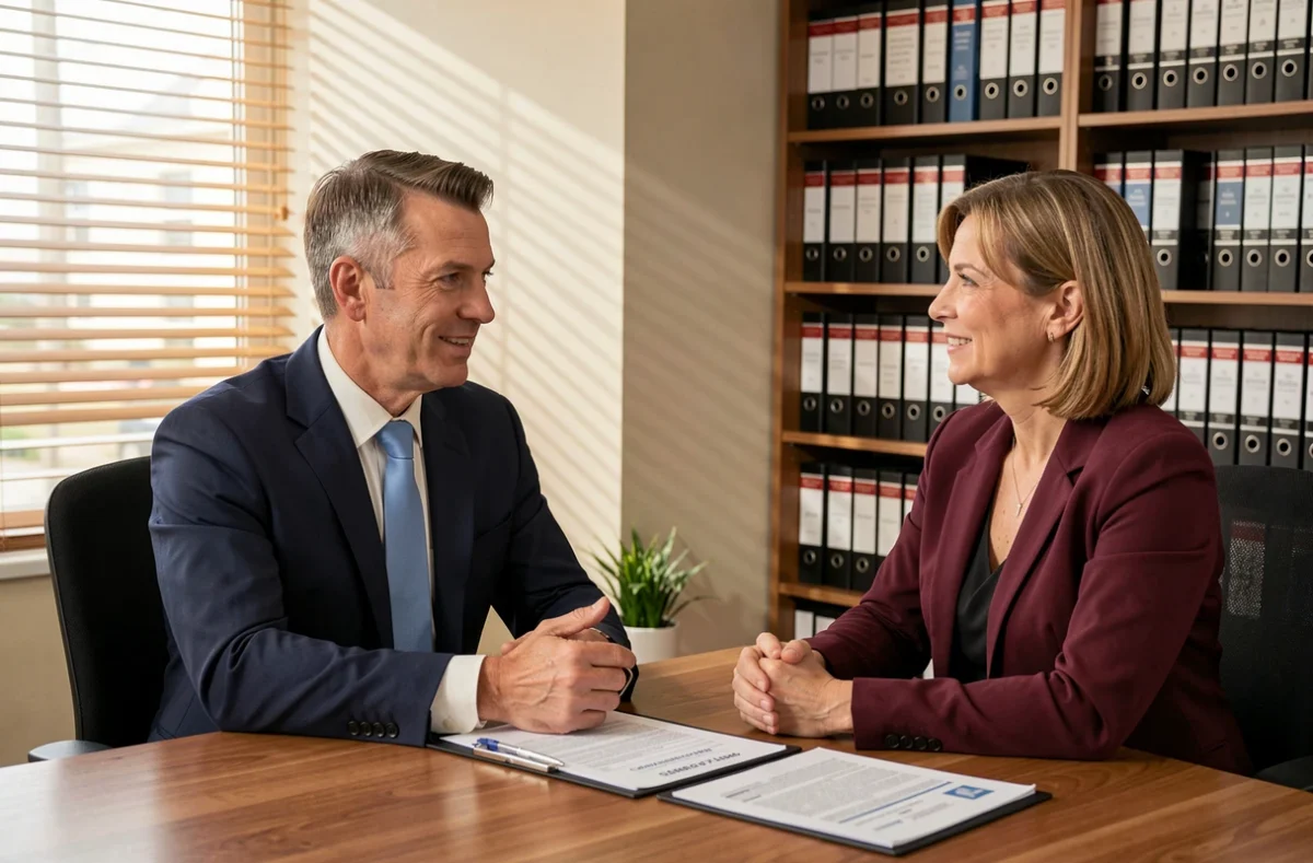 Conseiller juridique immobilier expliquant les responsabilités d'élagage entre propriétaire et locataire dans un bureau professionnel