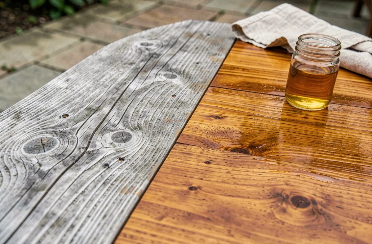 Gros plan d'une table en teck grisé partiellement restaurée avec de l'huile, montrant le contraste avant-après