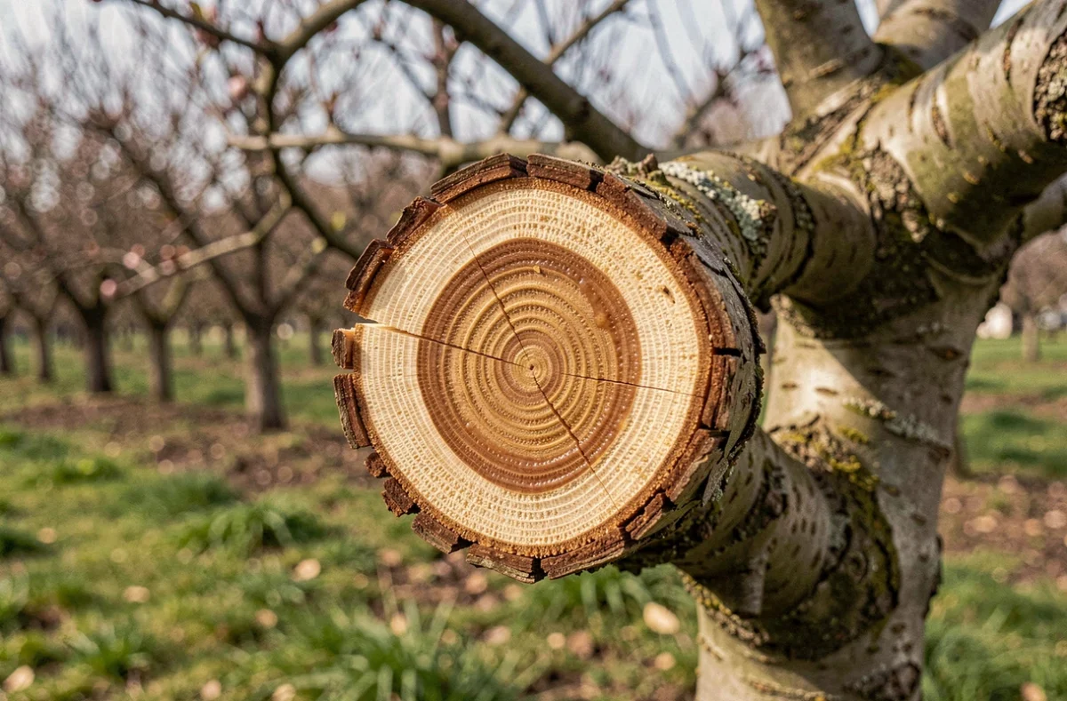 Coupe nette sur une branche de pommier au niveau du collet dans un verger au printemps, détail texture bois