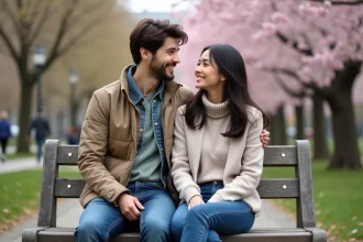 Couple souriant sur un banc dans un parc printanier
