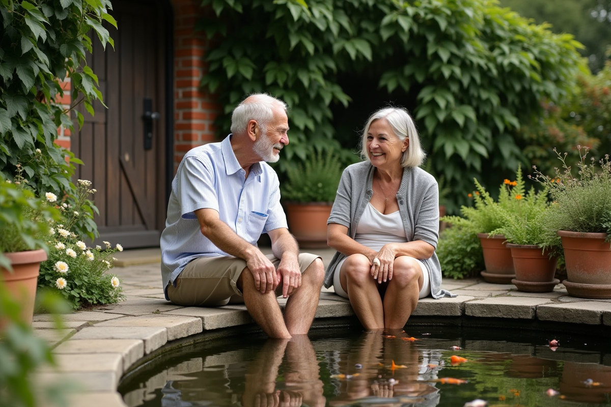 Couple retraité assis près d’un étang dans un jardin accueillant