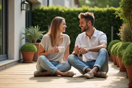 Jeune couple souriant sur une terrasse en bois en été