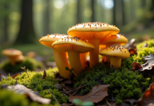 Gros plan sur des cèpes dorés dans la forêt