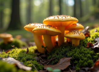 Gros plan sur des cèpes dorés dans la forêt