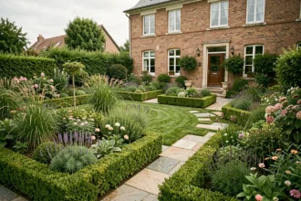 Vue d'ensemble d'un jardin aménagé dans le Nord de la France avec allées en pierre, haies taillées et maison en brique rouge