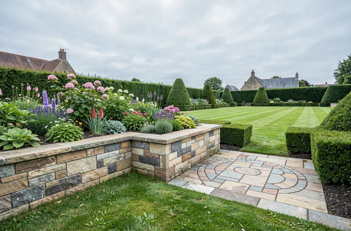 Jardin avec muret en pierre et terrasse pavée réalisé par Creatison, entreprise de maçonnerie paysagère au Doulieu