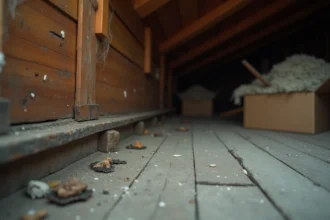 Grenier abandonné avec des crottes de loir visibles sur des poutres en bois et des cartons poussiéreux