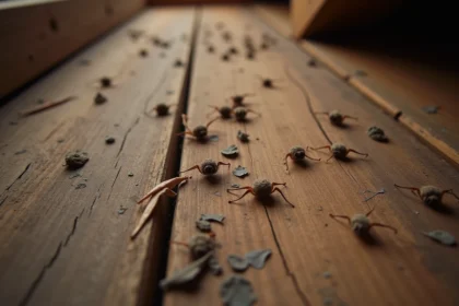 Crottes de chauve-souris de Loire sur le plancher d'un grenier en bois, vue rapprochée montrant les déjections sombres sur le vieux parquet poussiéreux