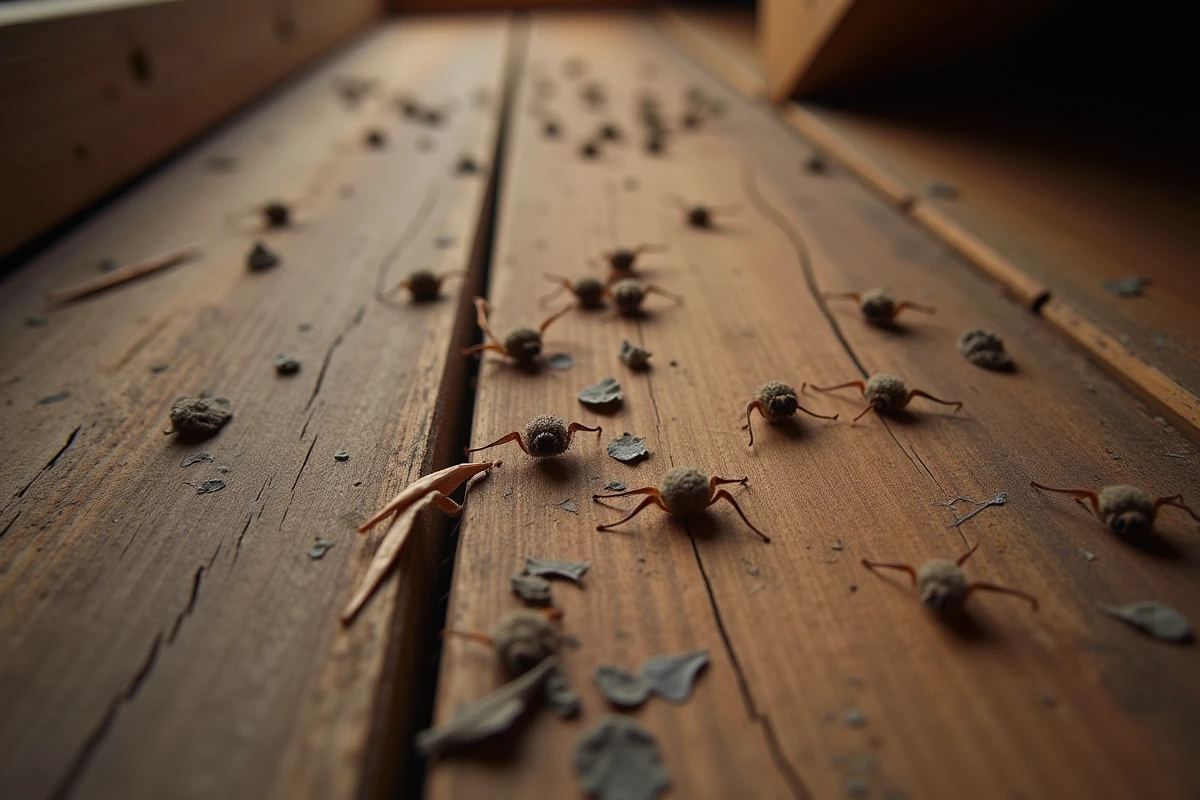 Crottes de chauve-souris de Loire sur le plancher d'un grenier en bois, vue rapprochée montrant les déjections sombres sur le vieux parquet poussiéreux