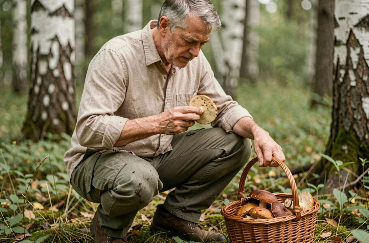Cueilleur de champignons examinant l'hyménium d'un bolet en forêt pour distinguer un bolet à chair jaune d'un bolet rouge