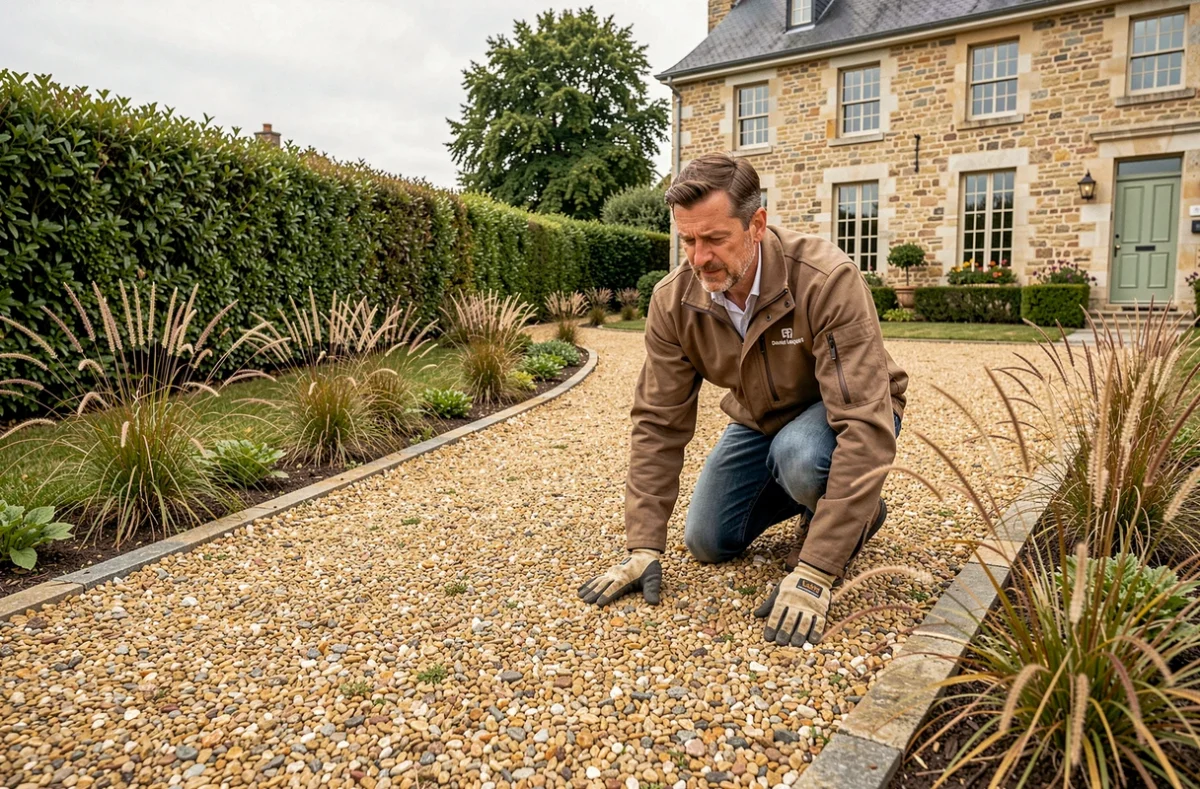 Technicien Daniel Moquet posant une allée de gravier décoratif devant une maison de campagne à Champallée