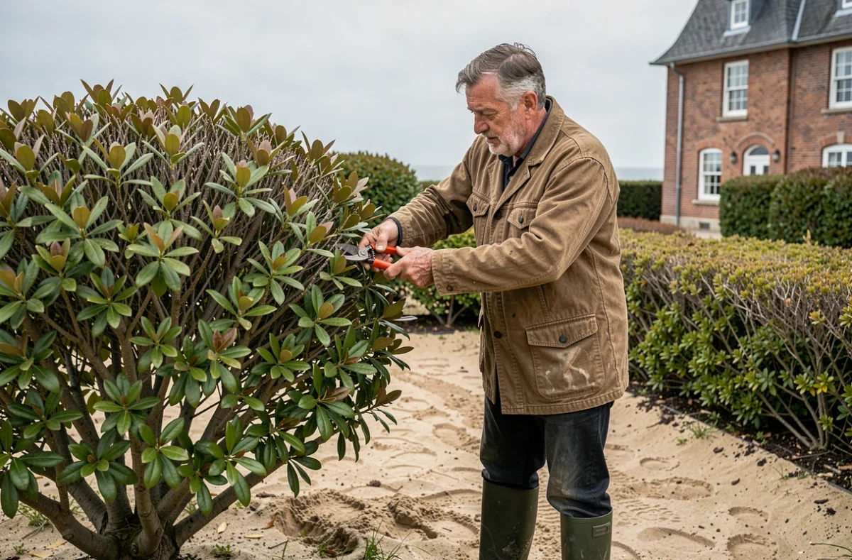 Jardinier paysagiste David Dewynter taillant un arbuste dans un jardin près de Dunkerque avec cadre architectural flamand