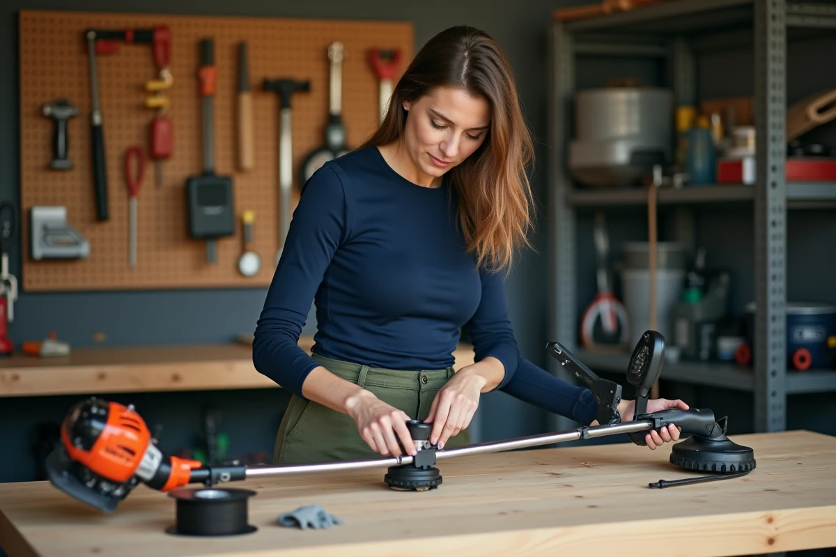 Femme démontant la tête de bobine d'un rotofil sur un établi de garage pour remplacer le fil de coupe