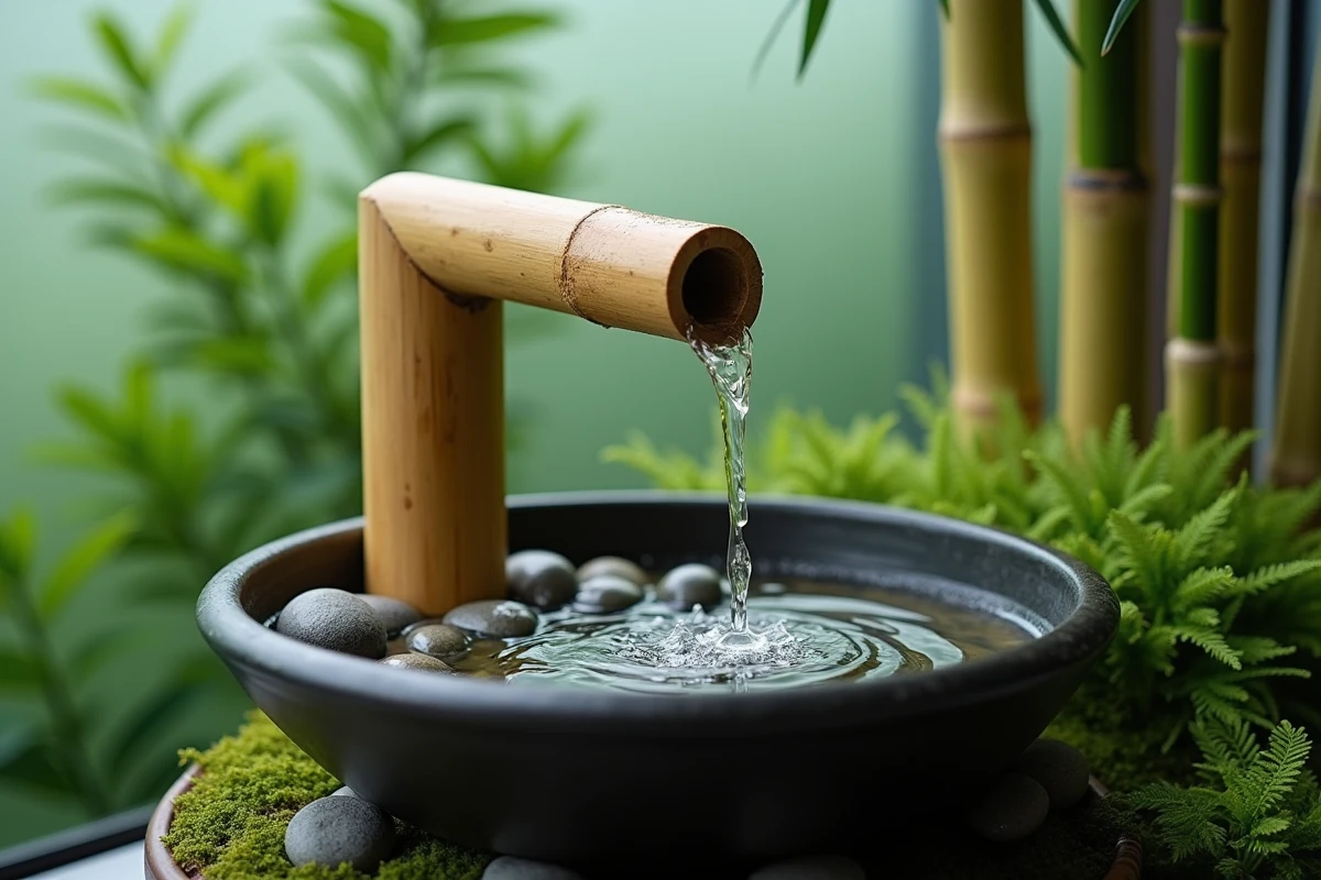 Gros plan sur un bec de fontaine en bambou versant de l'eau dans un bol en céramique entouré de plantes et galets