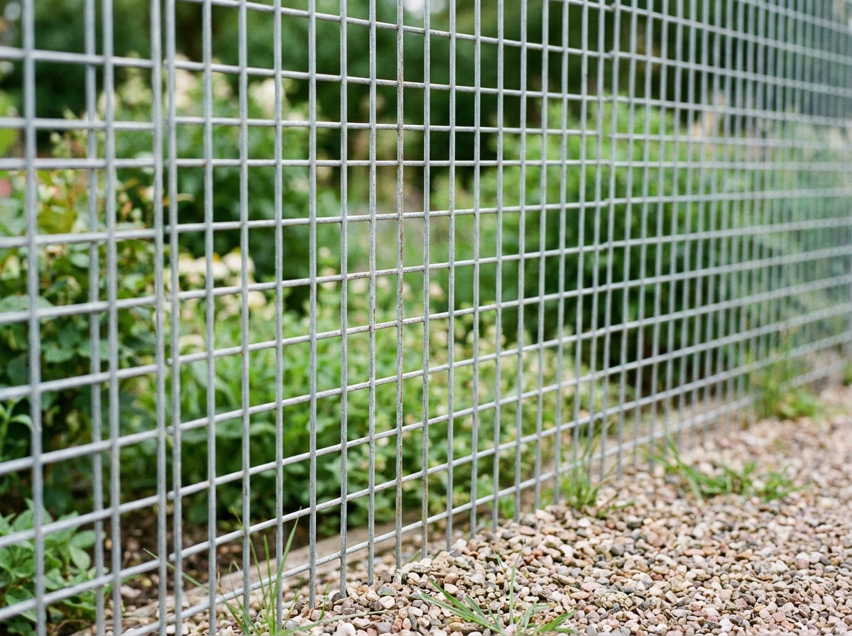 Gros plan sur un panneau de grillage soudé galvanisé longeant la limite d'une propriété résidentielle avec jardin en arrière-plan