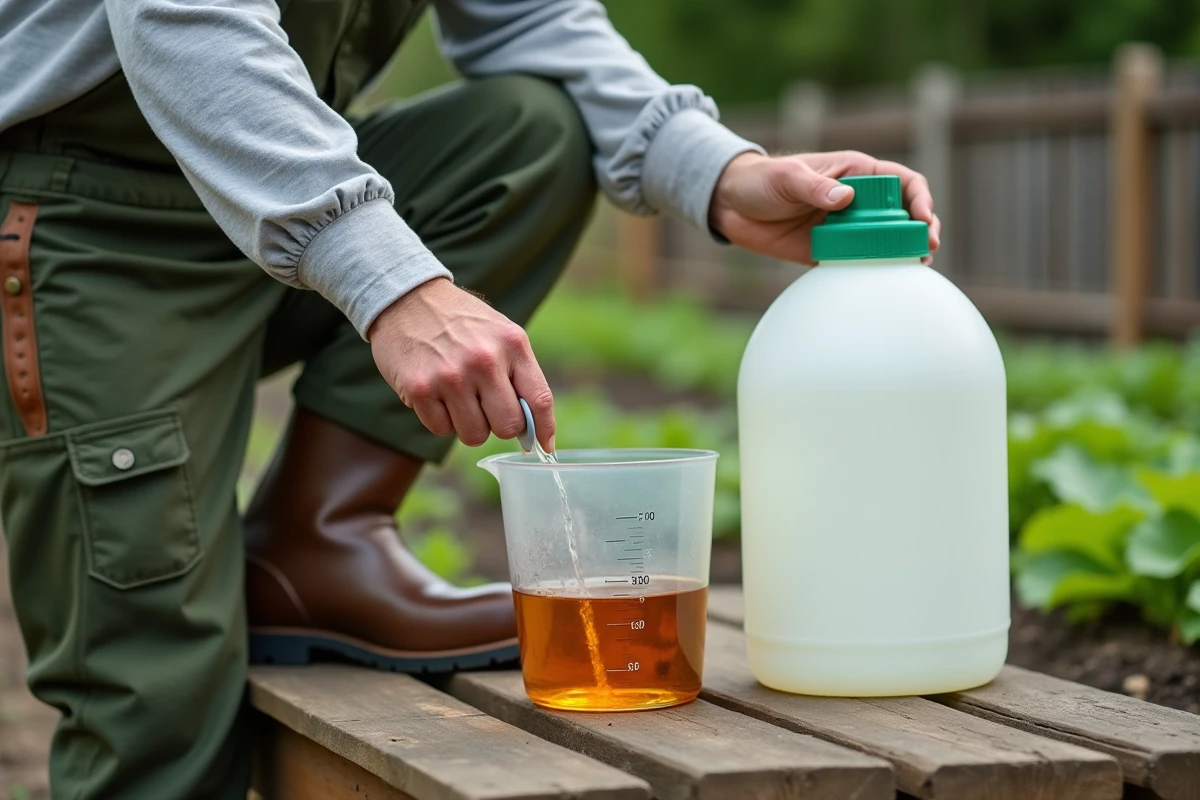 Agriculteur mesurant le dosage de Roundup dans une tasse graduée pour préparer un mélange herbicide dans un pulvérisateur de 5 litres