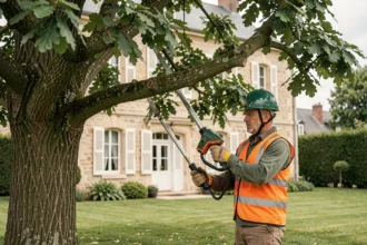 Arboriste professionnel élagant un grand chêne dans le jardin d'une maison résidentielle en France