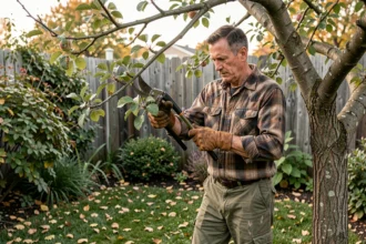 Homme élaguant un arbre fruitier lui-même dans un jardin résidentiel avec un sécateur manuel