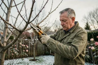 Jardinier élagant un cerisier en hiver avec un sécateur professionnel dans un jardin résidentiel