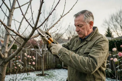 Jardinier élagant un cerisier en hiver avec un sécateur professionnel dans un jardin résidentiel
